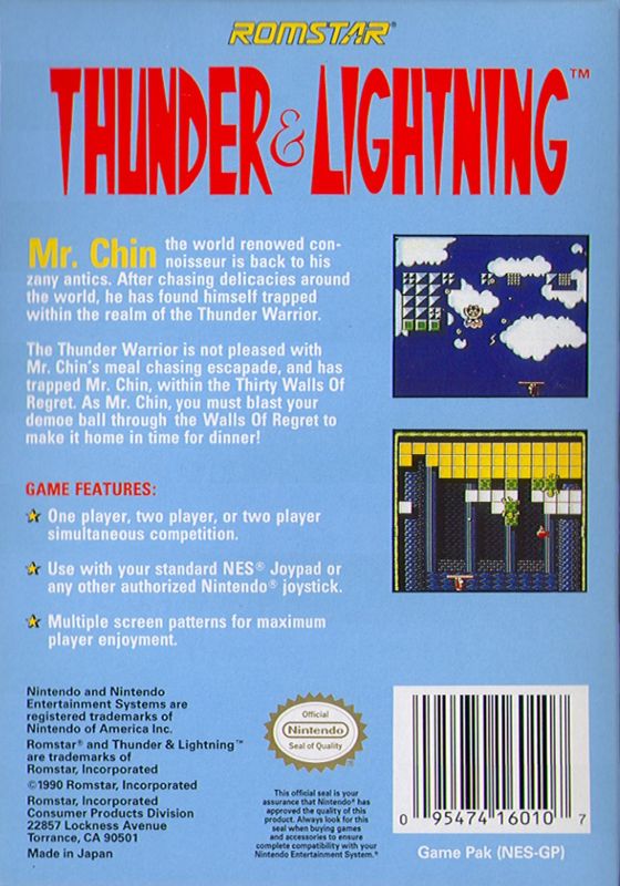 Back Cover for Thunder & Lightning (NES)