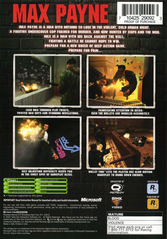 Back Cover for Max Payne (Xbox) (Platinum Hits edition)