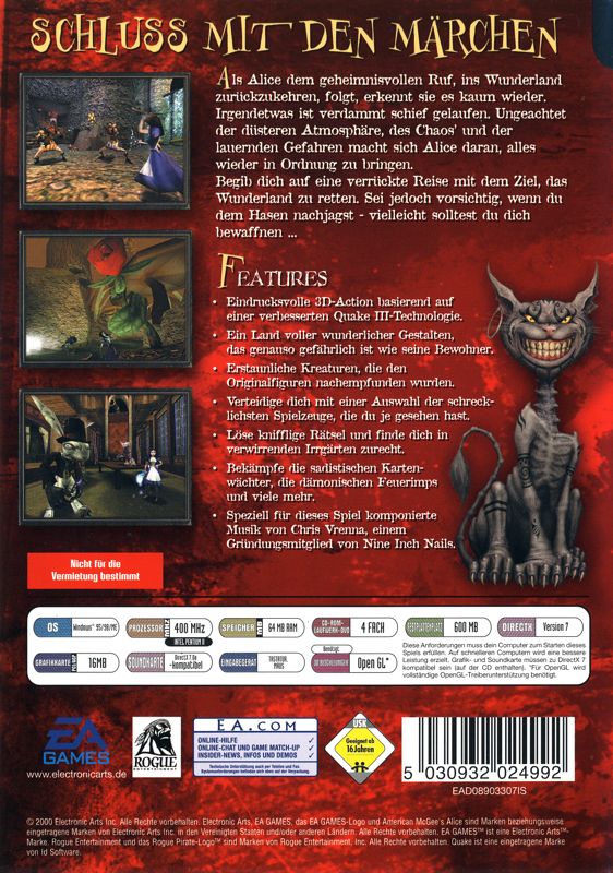 Back Cover for American McGee's Alice (Windows)