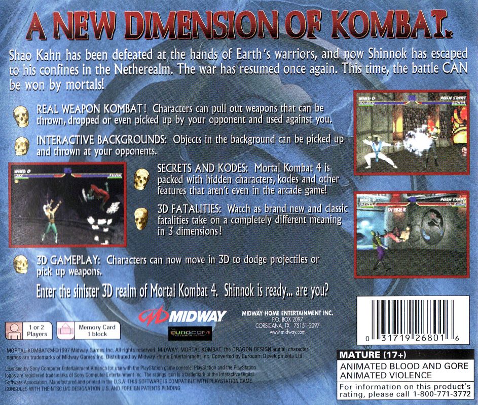Back Cover for Mortal Kombat 4 (PlayStation)