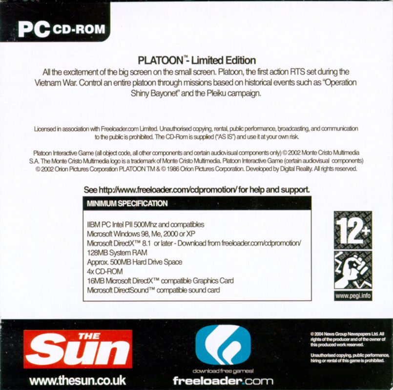 Back Cover for Platoon (Windows) (2004 "The Sun" (UK) newspaper covermount)