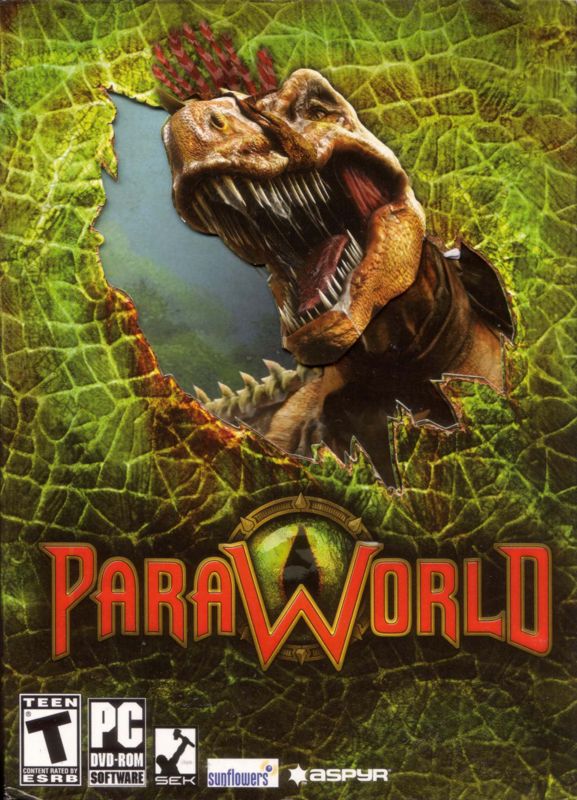 Front Cover for ParaWorld (Windows): Front cover with die-cut area near the dinosaur head hides the humans surrounding the dinosaur.