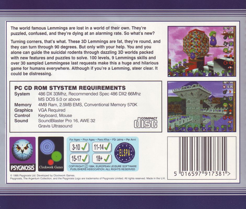 Other for Lemmings 3D (DOS) (The Argentum Collection release): Jewel Case - Back