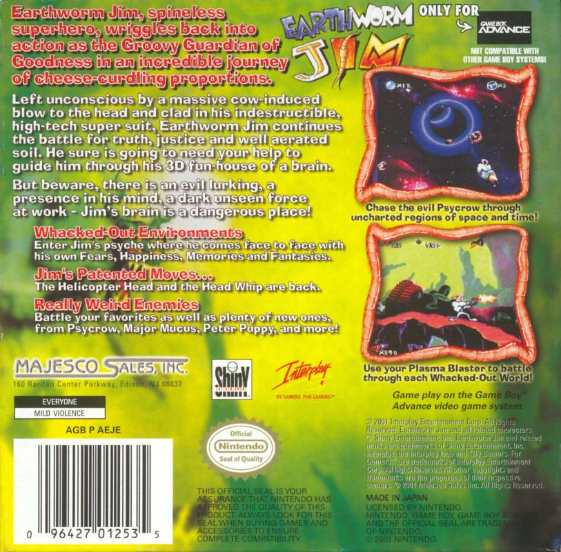 Back Cover for Earthworm Jim (Game Boy Advance)