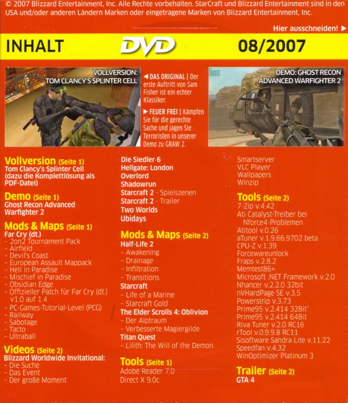 Back Cover for Tom Clancy's Splinter Cell (Windows) (PC Games 08/2007 covermount)