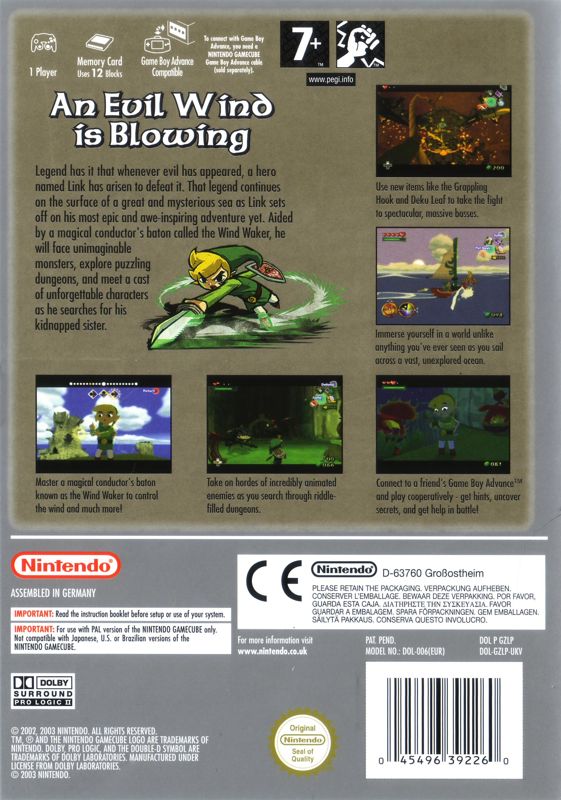Back Cover for The Legend of Zelda: The Wind Waker (GameCube) (Player's Choice Release)