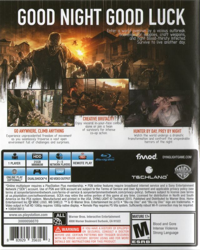 Back Cover for Dying Light (PlayStation 4)