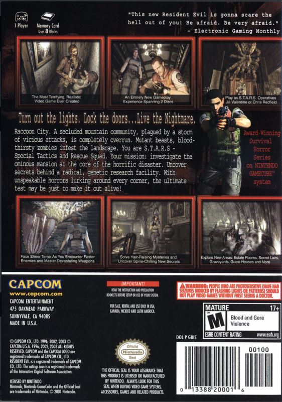 Back Cover for Resident Evil (GameCube) (Player's Choice release)