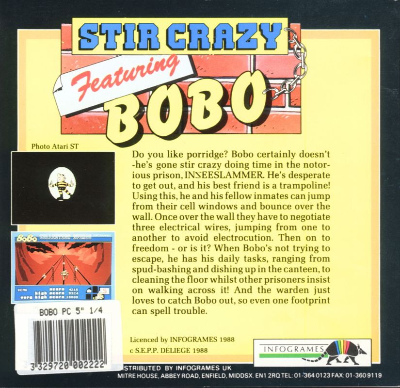 Back Cover for Stir Crazy featuring BoBo (DOS)