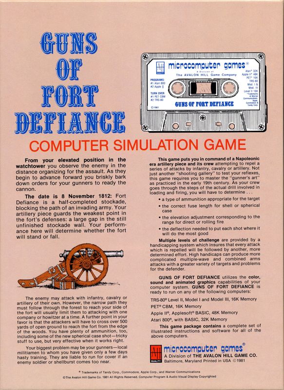 Back Cover for Guns of Fort Defiance (Apple II and Atari 8-bit and Commodore PET/CBM and TRS-80)