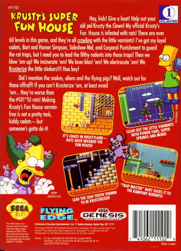 Back Cover for Krusty's Super Fun House (Genesis)