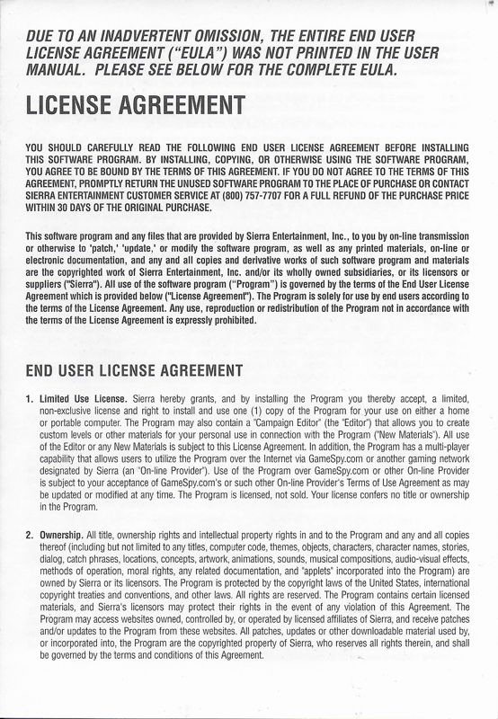 Other for F.E.A.R.: Gold Edition (Windows): License agreement front