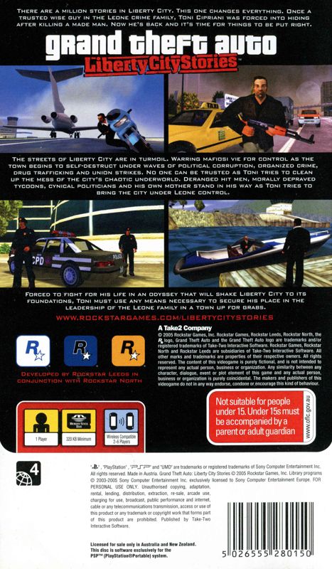 Back Cover for Grand Theft Auto: Liberty City Stories (PSP)