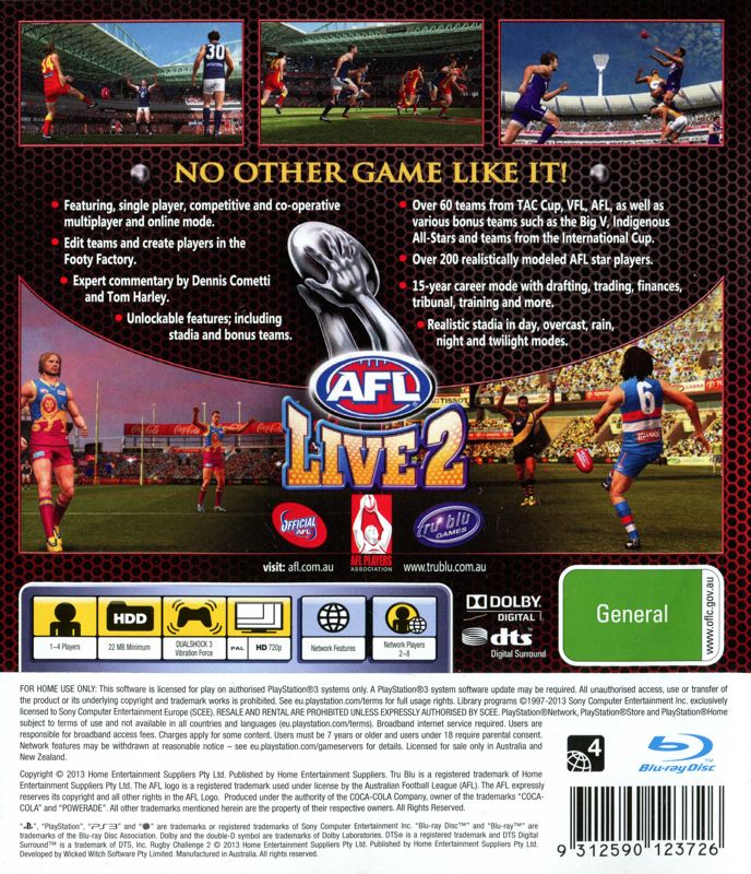 Back Cover for AFL Live 2 (PlayStation 3)