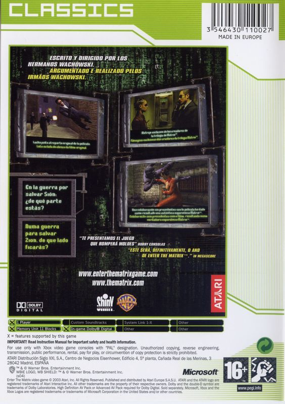 Back Cover for Enter the Matrix (Xbox) (Classics Release)