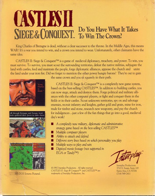 Back Cover for Castles II: Siege & Conquest (DOS) (Dual media release)