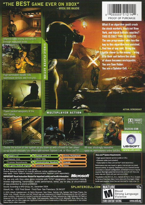 Back Cover for Tom Clancy's Splinter Cell: Chaos Theory (Xbox)