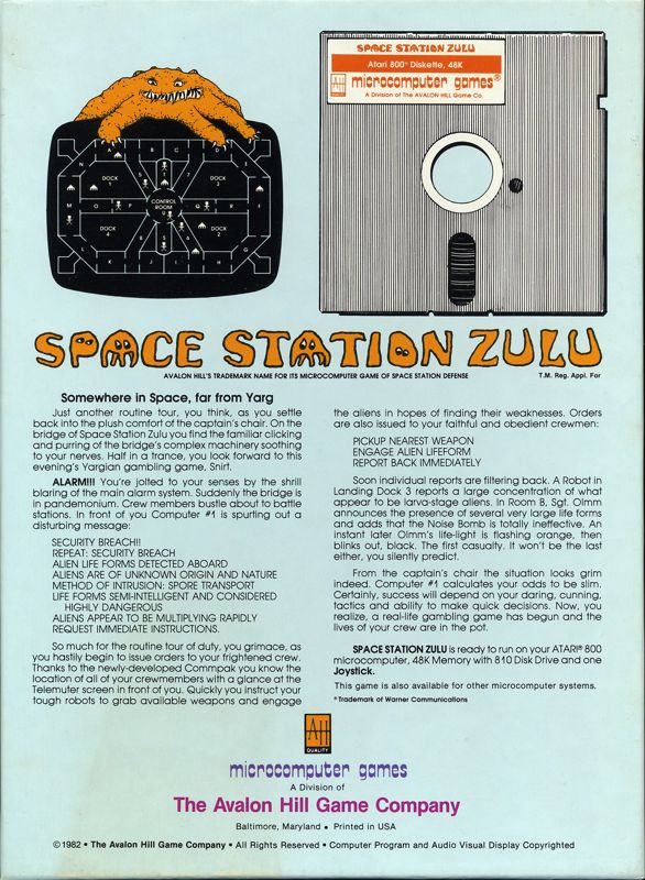 Back Cover for Space Station Zulu (Atari 8-bit)