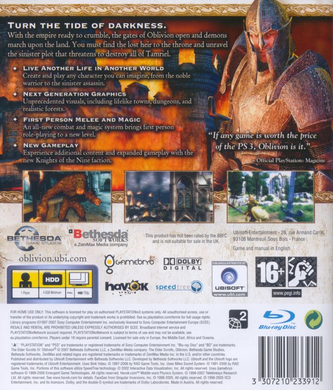 Back Cover for The Elder Scrolls IV: Oblivion (PlayStation 3)