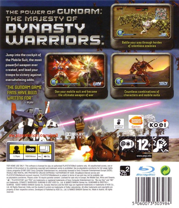 Back Cover for Dynasty Warriors: Gundam (PlayStation 3)