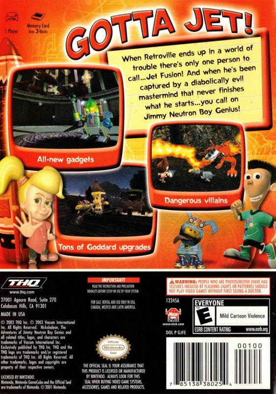 Back Cover for The Adventures of Jimmy Neutron: Boy Genius - Jet Fusion (GameCube)