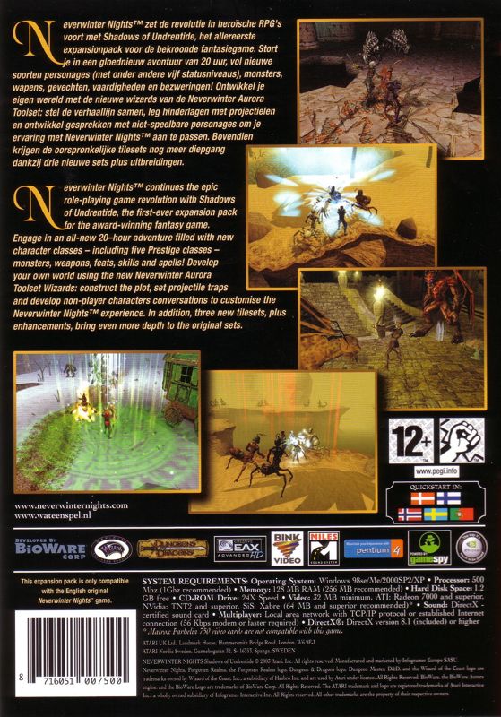 Back Cover for Neverwinter Nights: Shadows of Undrentide (Windows) (Best of Atari release)