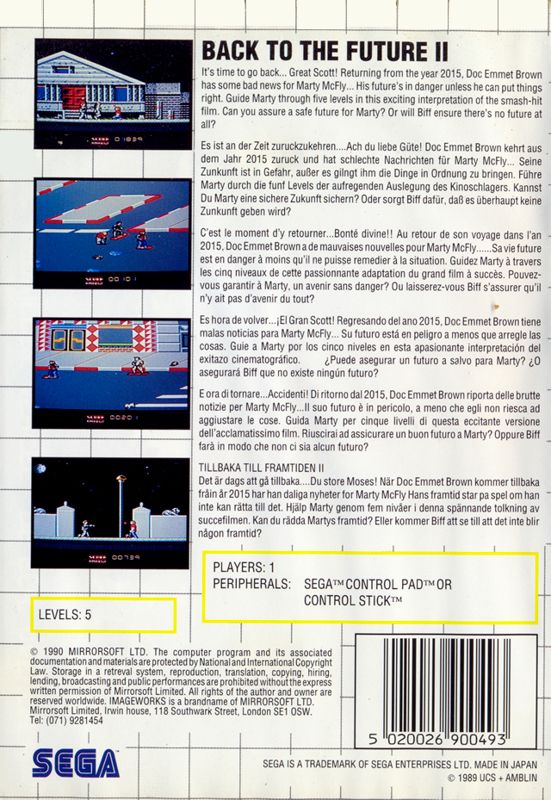 Back Cover for Back to the Future Part II (SEGA Master System)