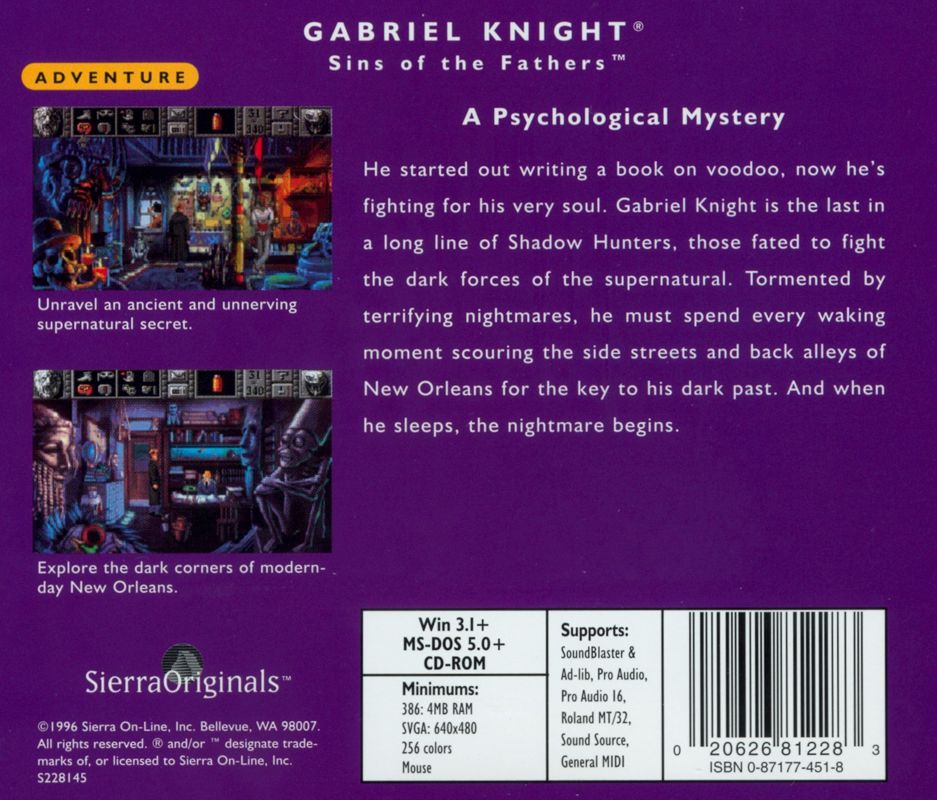 Other for Gabriel Knight: Sins of the Fathers (DOS and Windows 3.x): Jewel Case - Back