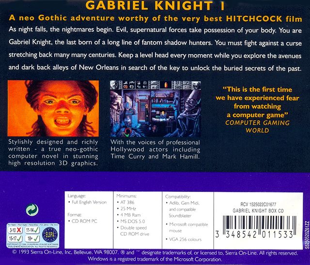Other for Gabriel Knight: Sins of the Fathers (DOS and Windows 3.x) (SierraOriginals release): Jewel Case - Back