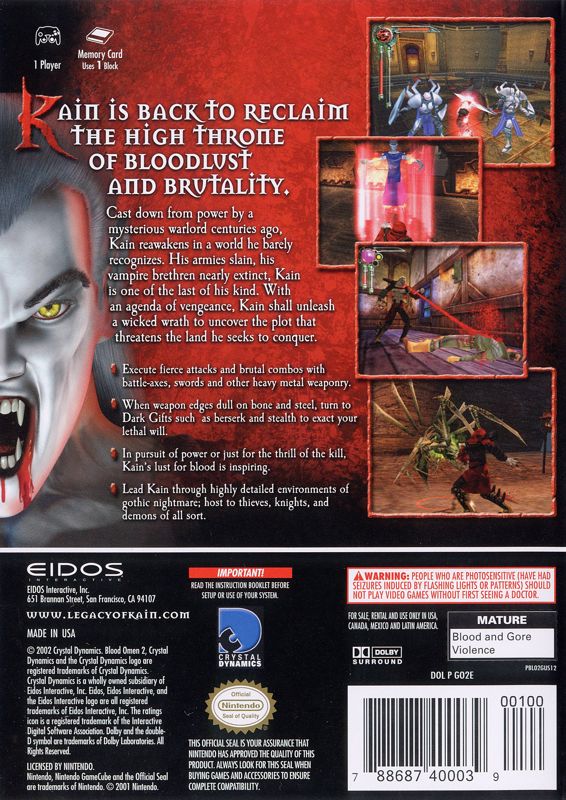Back Cover for The Legacy of Kain Series: Blood Omen 2 (GameCube)