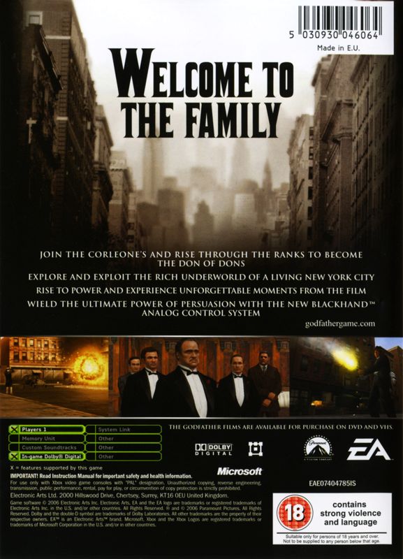 Back Cover for The Godfather: The Game (Xbox)