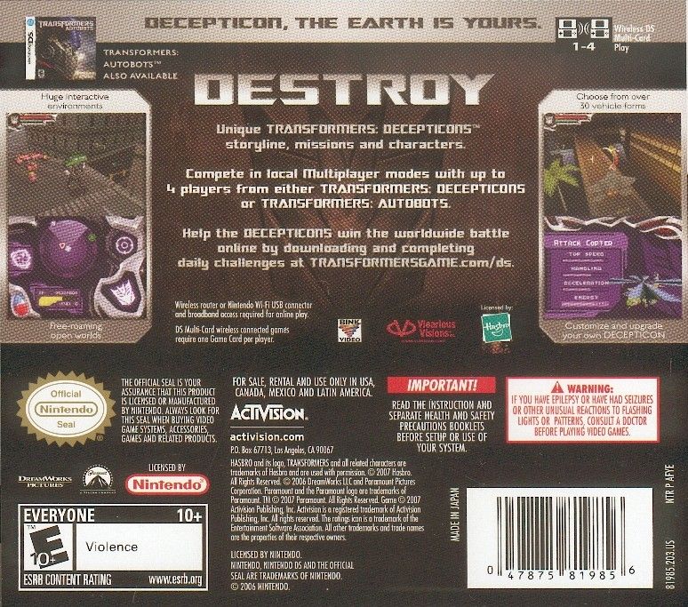 Back Cover for Transformers: Decepticons (Nintendo DS)