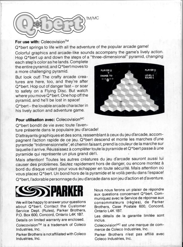 Back Cover for Q*bert (ColecoVision)