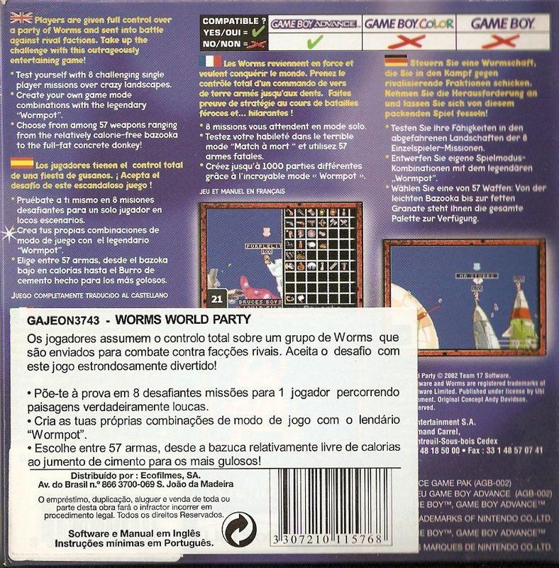 Back Cover for Worms World Party (Game Boy Advance)