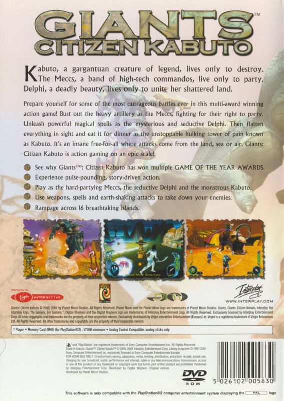 Back Cover for Giants: Citizen Kabuto (PlayStation 2) (Virgin Interactive version)