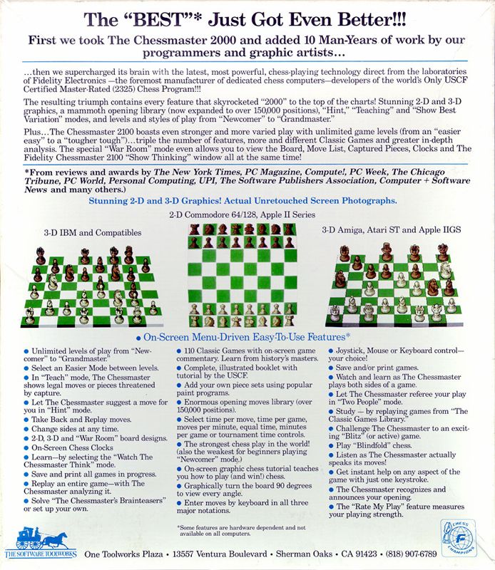 Back Cover for The Fidelity Chessmaster 2100 (Commodore 64)