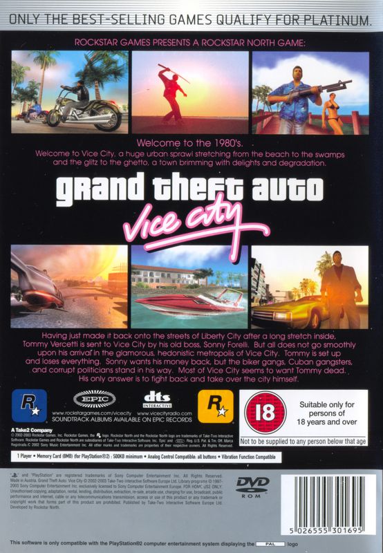 Back Cover for Grand Theft Auto: Vice City (PlayStation 2) (Platinum release)
