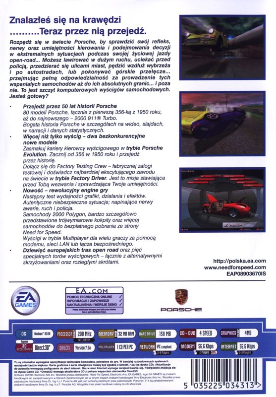 Back Cover for Need for Speed: Porsche Unleashed (Windows) (EA Games Classics release)