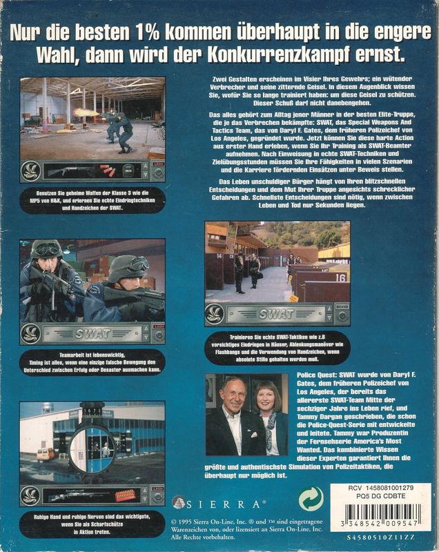 Back Cover for Daryl F. Gates' Police Quest: SWAT (DOS and Windows and Windows 3.x) (1st German Release (Game=English/Manual=German))