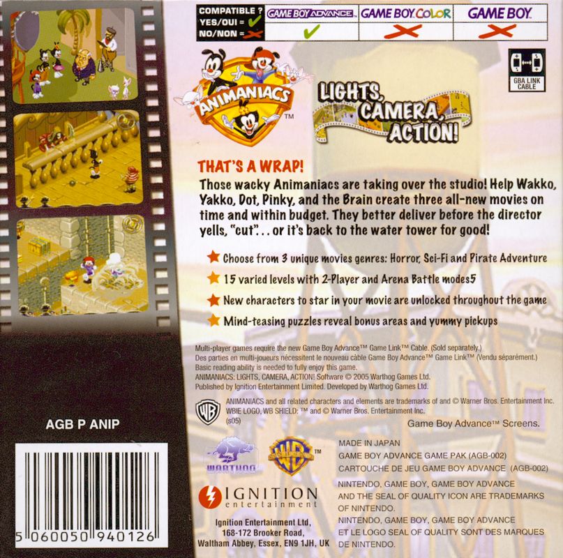 Back Cover for Animaniacs: Lights, Camera, Action! (Game Boy Advance)