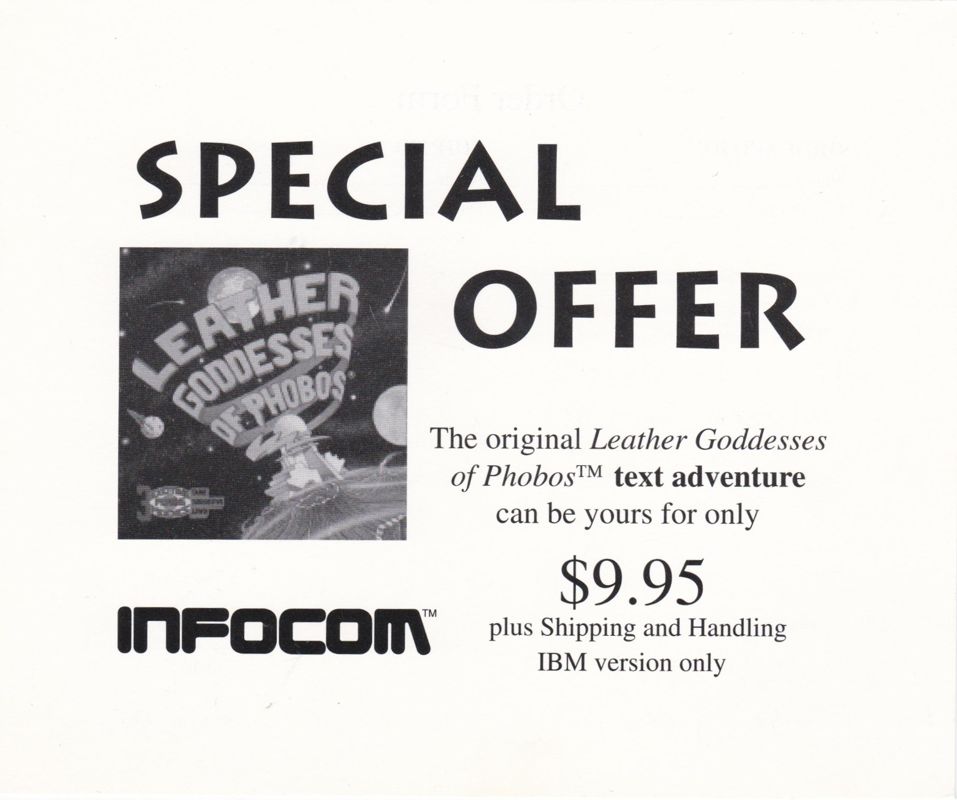 Advertisement for The Lost Treasures of Infocom (DOS) (3.5" Floppy IBM PC, XT, AT, PS/2, Tandy release): Leather Goddesses of Phobos: Front