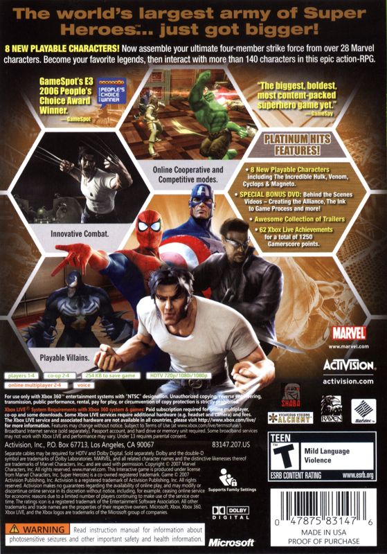 Back Cover for Marvel Ultimate Alliance (Special Edition) (Xbox 360) (Platinum Hits)