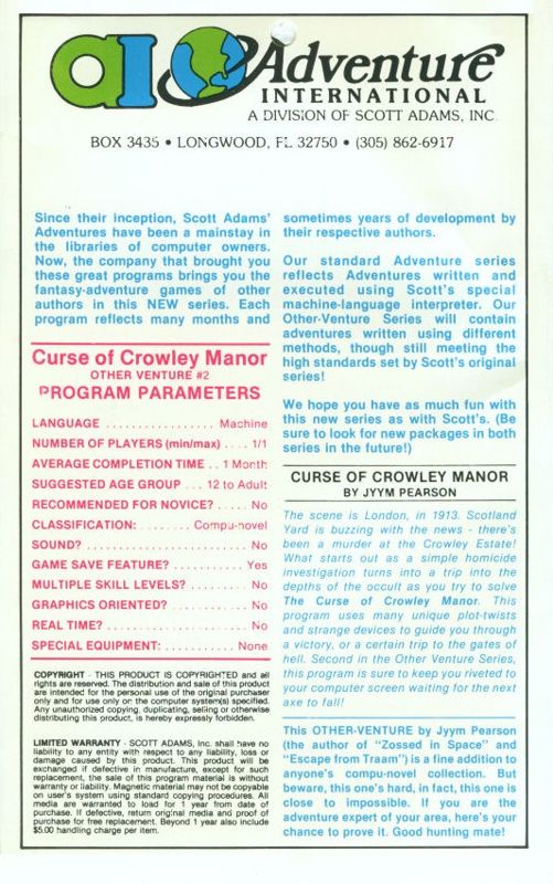 Back Cover for The Curse of Crowley Manor (Atari 8-bit)
