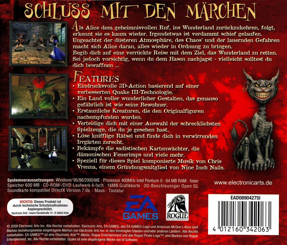 Back Cover for American McGee's Alice (Windows) (Software Pyramide release)