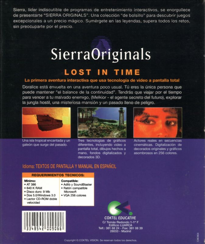 Back Cover for Lost in Time (DOS and Windows 3.x) (SierraOriginals release)