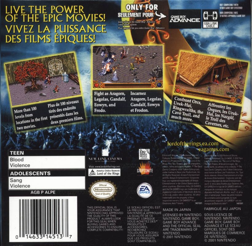 Back Cover for The Lord of the Rings: The Two Towers (Game Boy Advance)