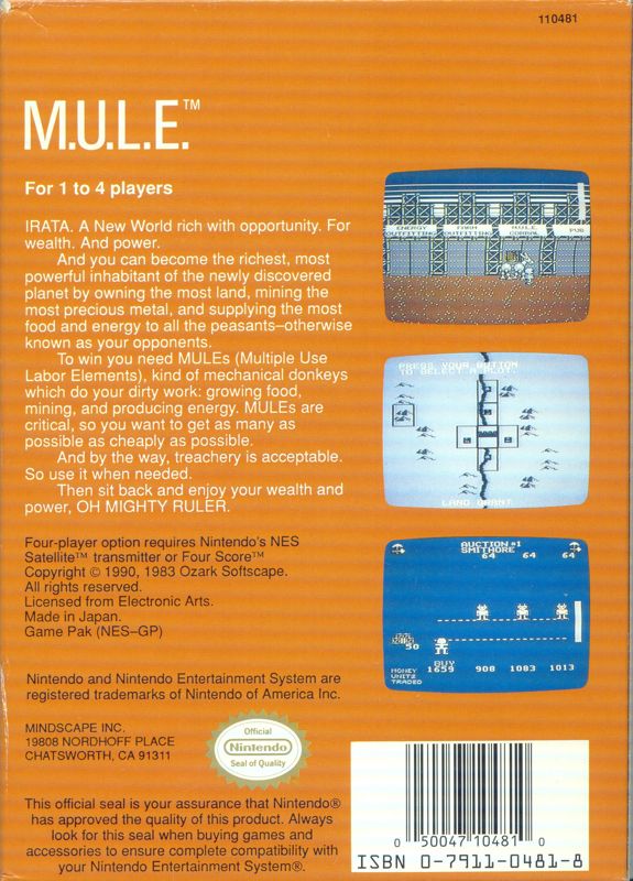Back Cover for M.U.L.E. (NES)