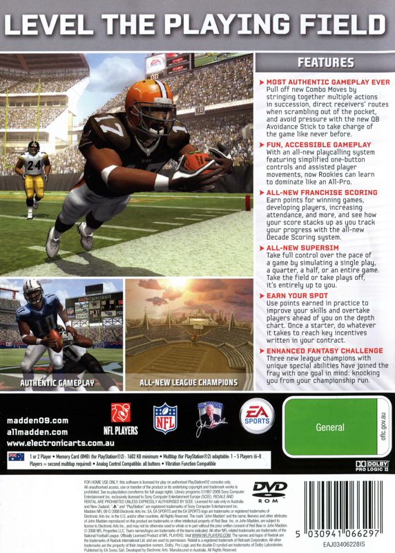 Back Cover for Madden NFL 09 (PlayStation 2)