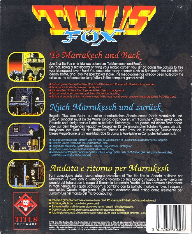 Back Cover for Titus the Fox: To Marrakech and Back (Atari ST)