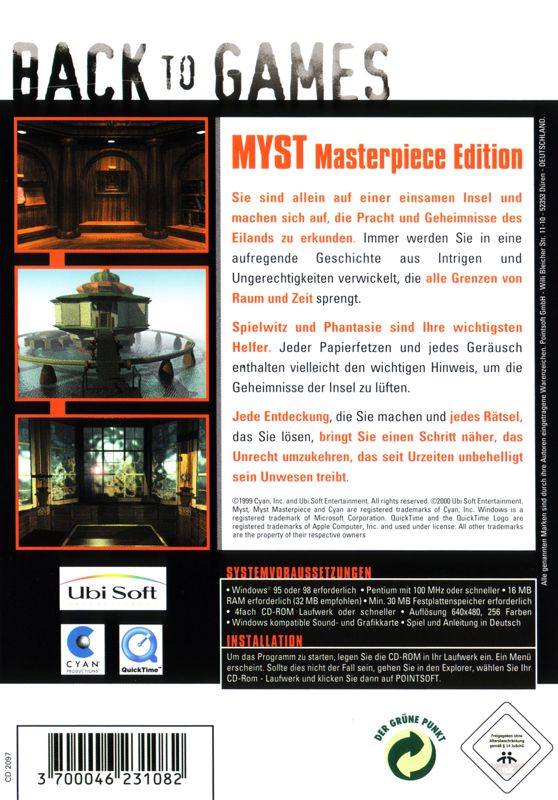 Back Cover for Myst: Masterpiece Edition (Windows) (Back to Games budget release)